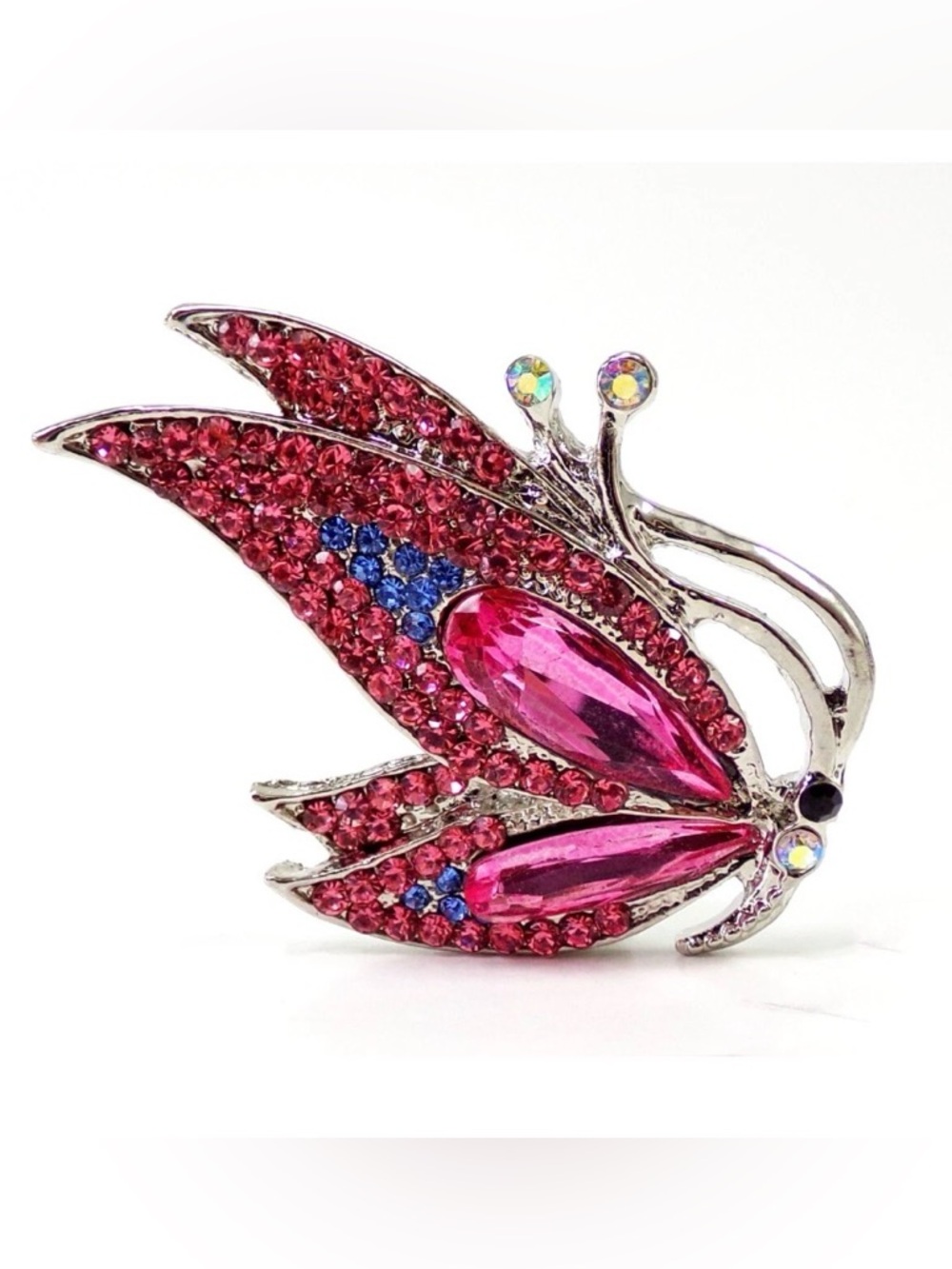 Pink crystal butterfly pin brooch mixed with blue and clear crystals  NEW